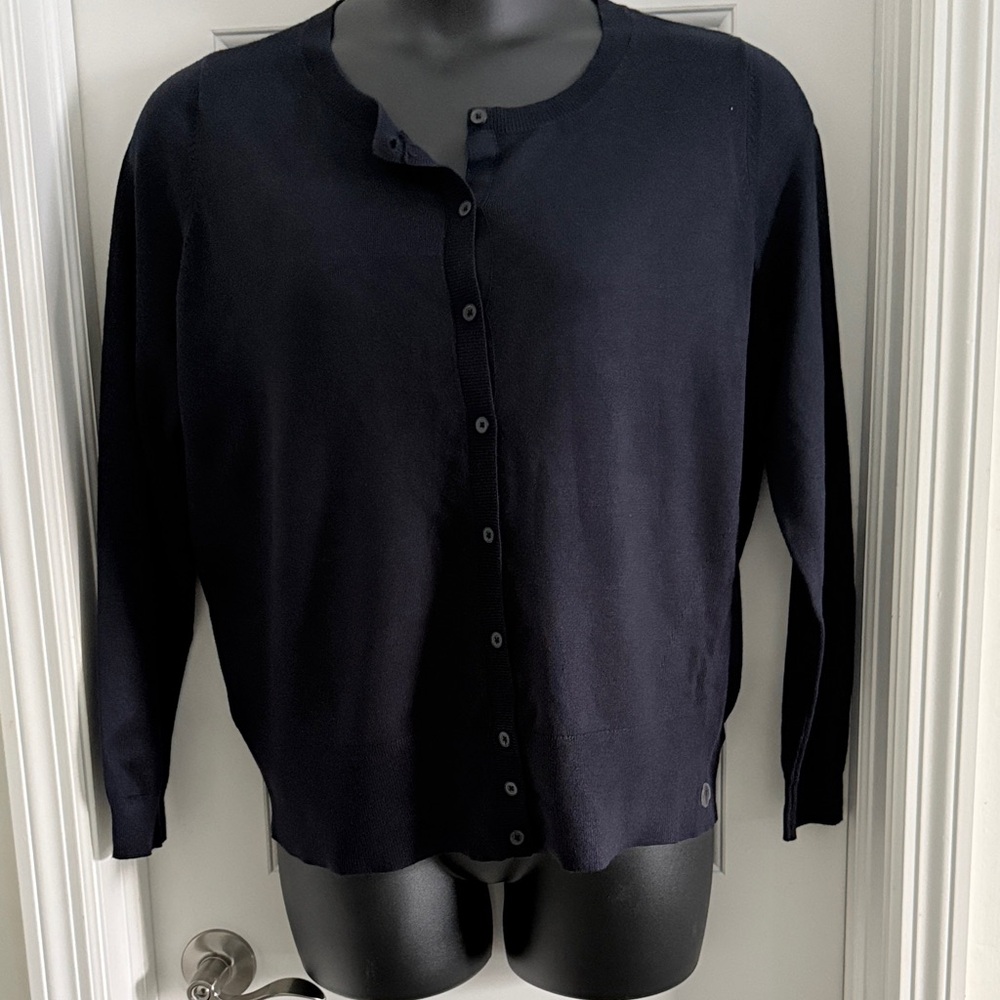 Lane Bryant Navy Button-Front Crewneck Cardigan Sweater